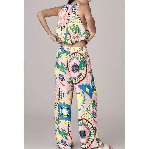 Maeve Anthropologie Pink Multicolor Print Straight Leg Silky Pull On Pants S NWT - Picture 3 of 13